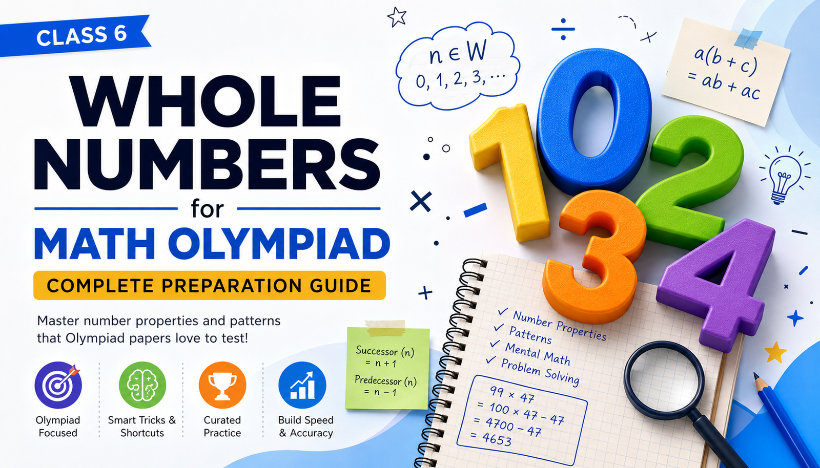 Whole Numbers for Math Olympiad Class 6 preparation guide with number properties, patterns, and mental math