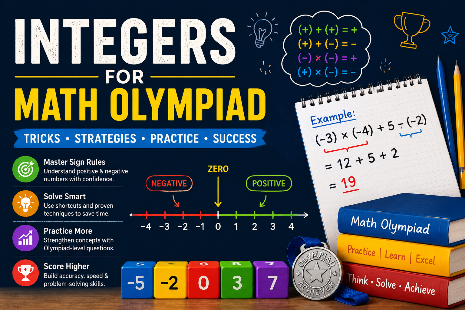 Integers for Math Olympiad featuring positive and negative numbers, sign rules, number line, and practice questions
